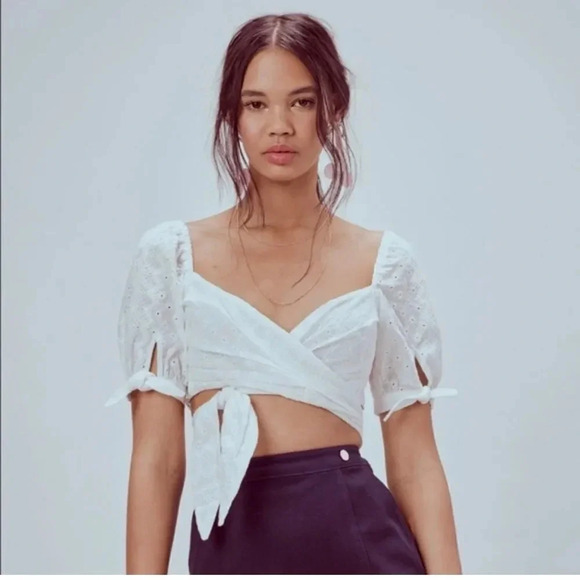 For Love & Lemons Charlotte Eyelet Wrap Top in White Heart - Picture 3 of 11